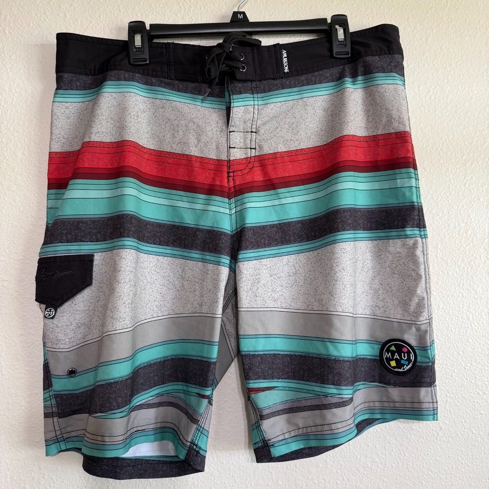Maui & Sons Board Shorts Men's 36 Gray Striped Drawstring Swim Trunks Stretch‎